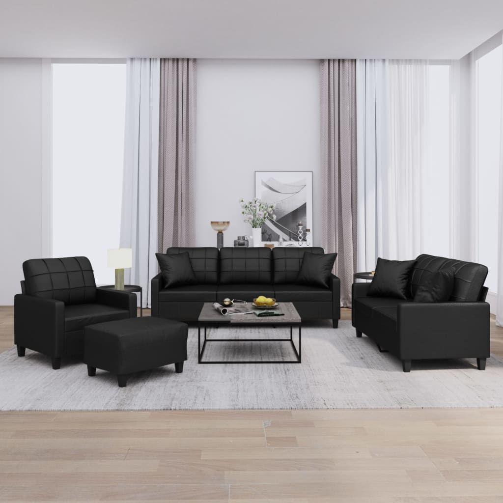 4-delige Loungeset met kussens kunstleer zwart