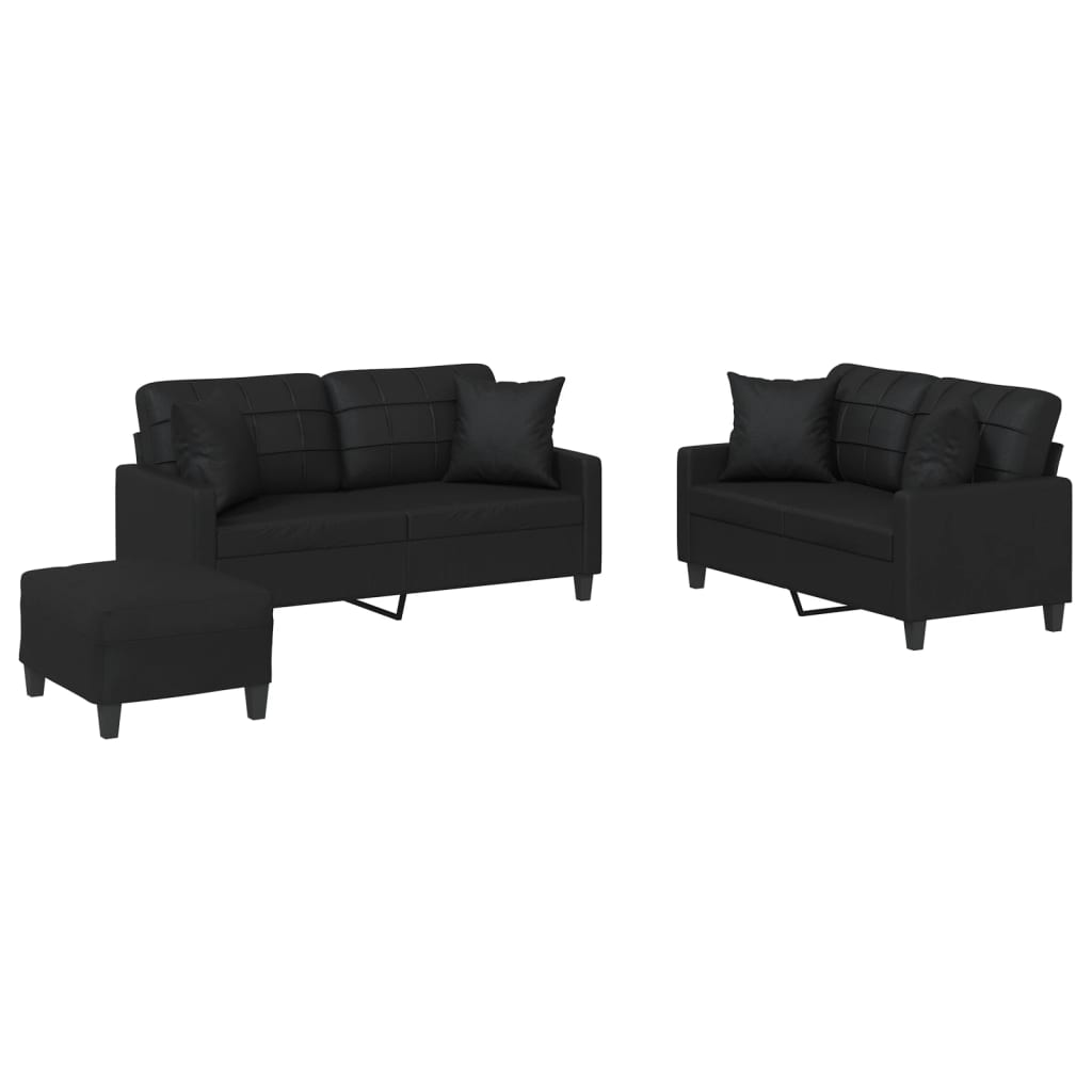 3-delige Loungeset met kussens kunstleer zwart