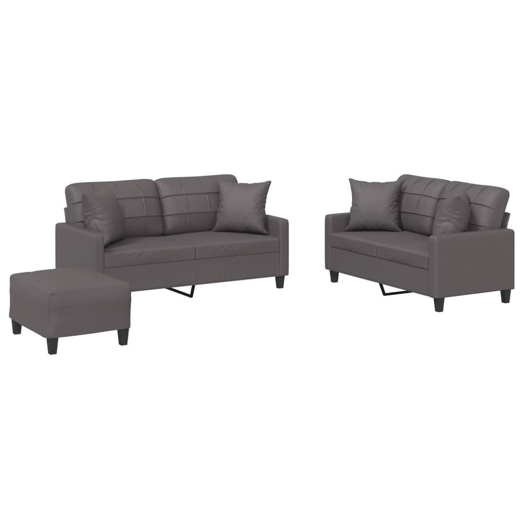 3-delige Loungeset met kussens kunstleer grijs