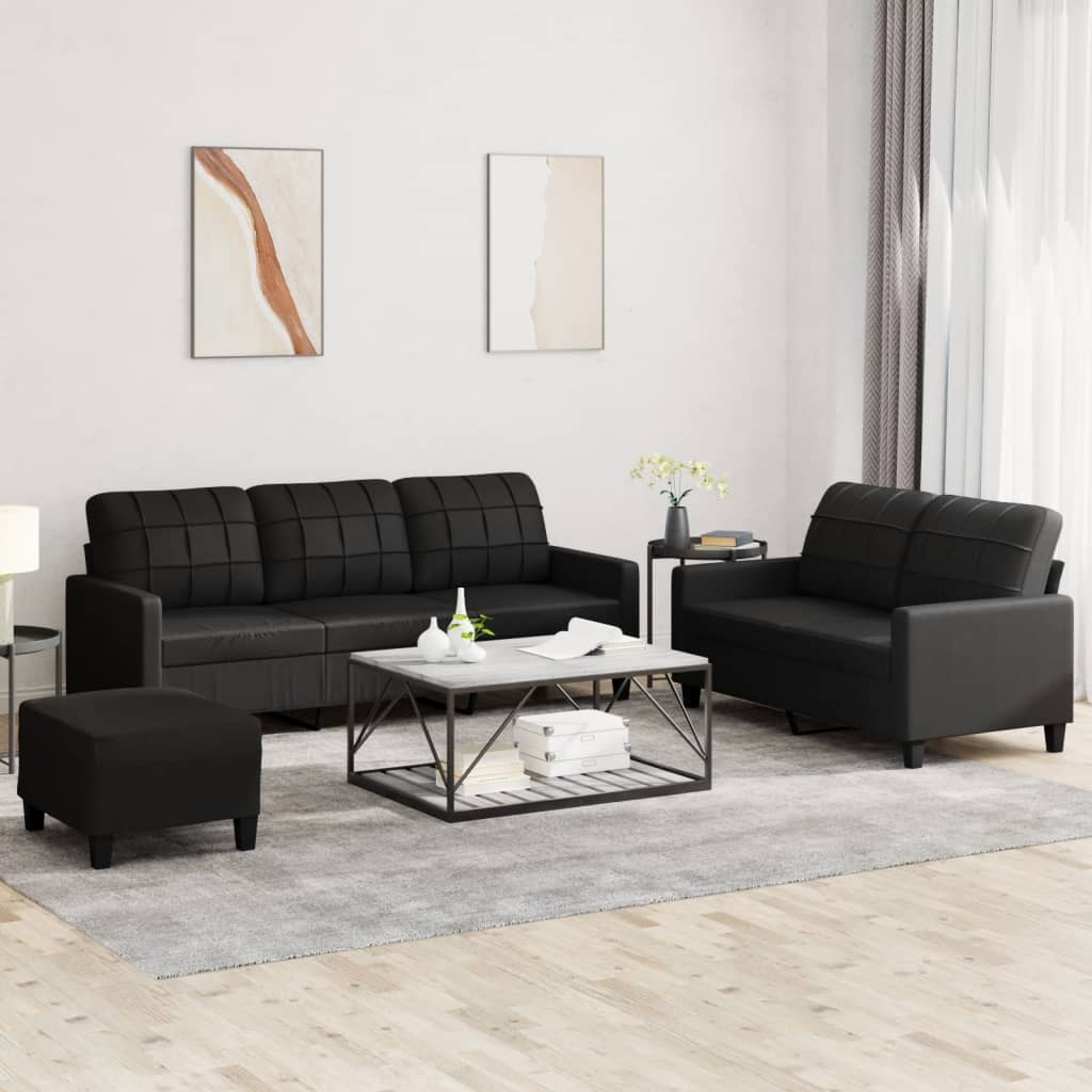 3-delige Loungeset met kussens kunstleer zwart