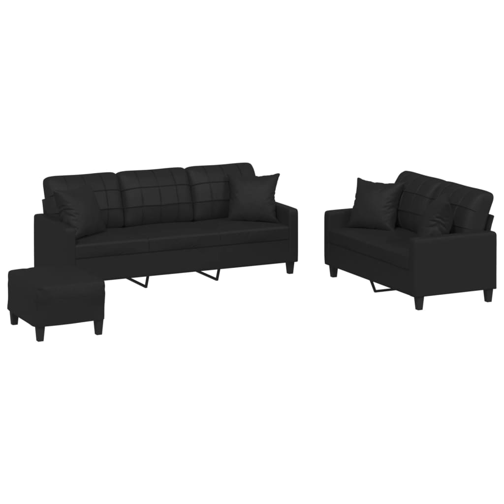 3-delige Loungeset met kussens kunstleer zwart