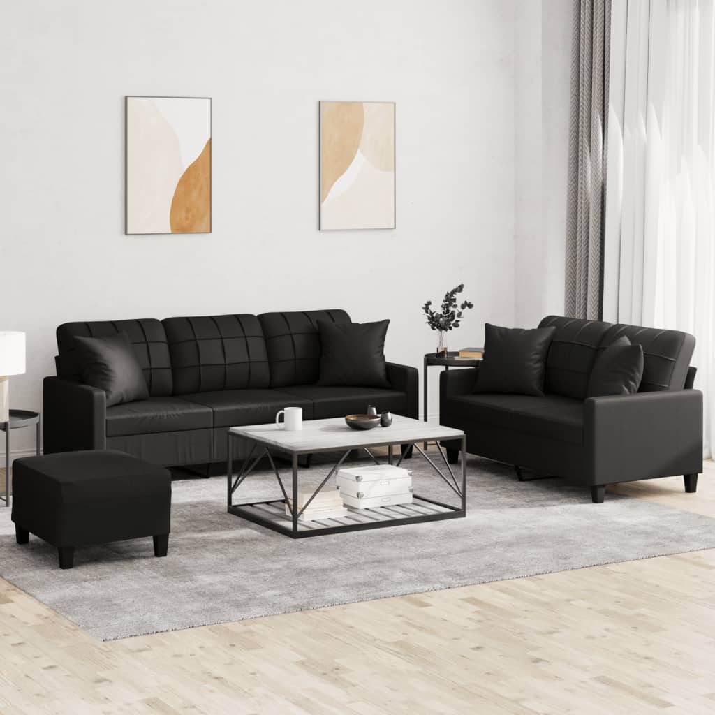 3-delige Loungeset met kussens kunstleer zwart