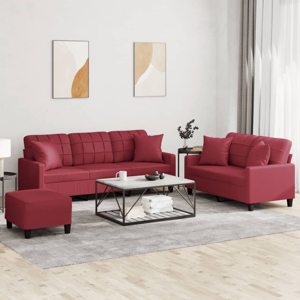3-delige Loungeset met kussens kunstleer wijnrood