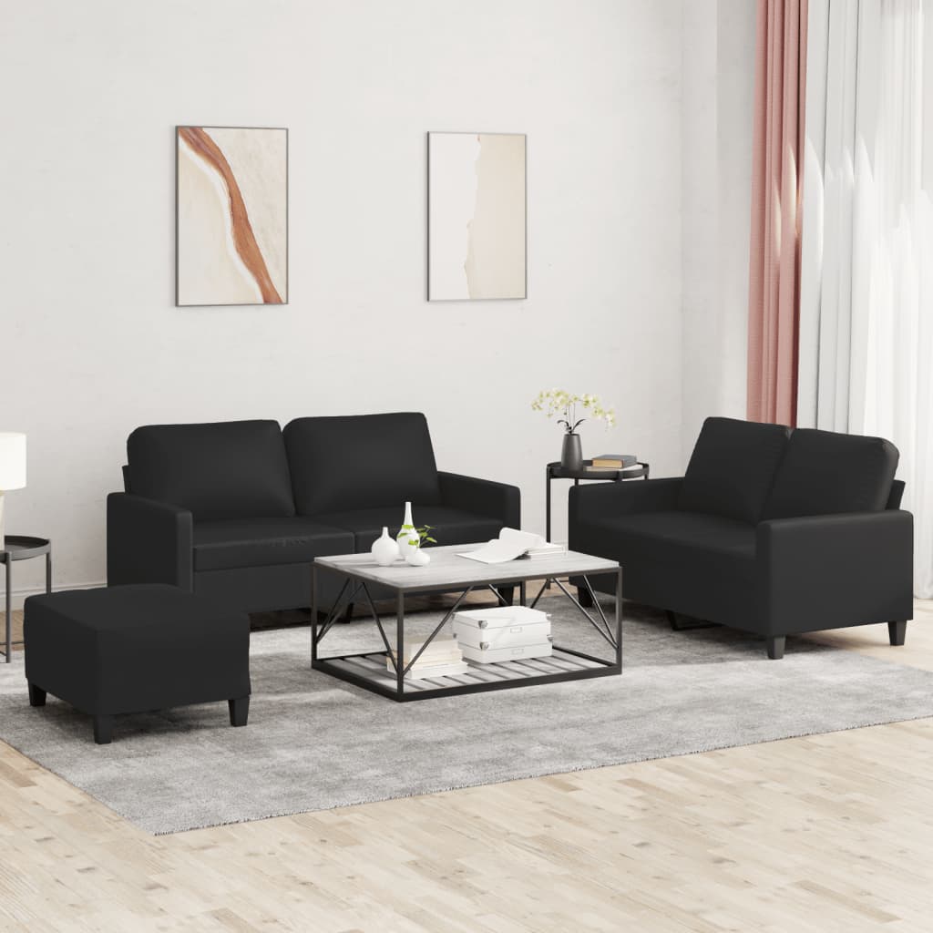 3-delige Loungeset met kussens kunstleer zwart