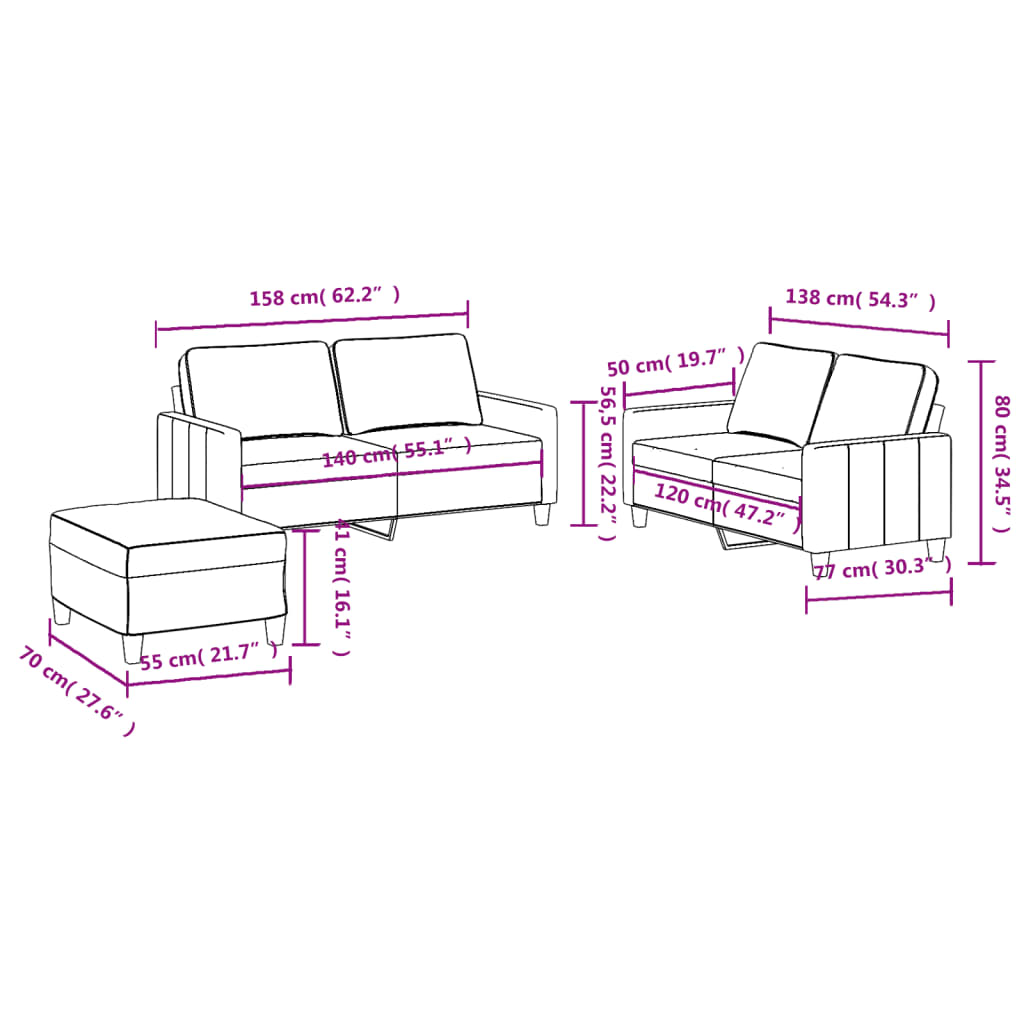 3-delige Loungeset met kussens stof lichtgrijs