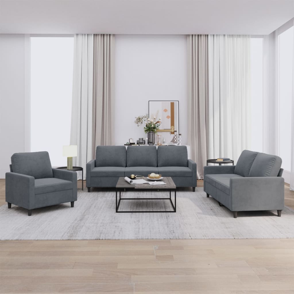 3-delige Loungeset met kussens fluweel donkergrijs