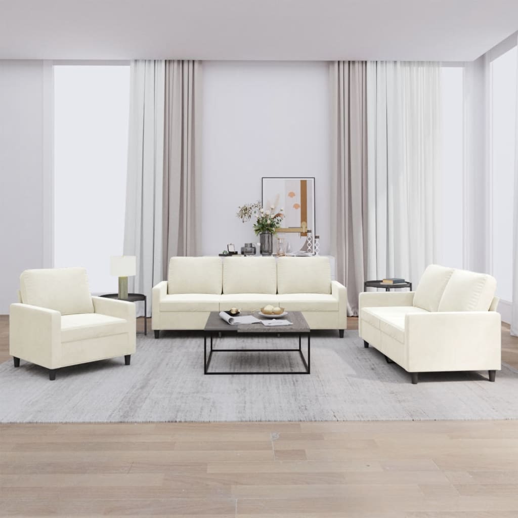 3-delige Loungeset met kussens fluweel crèmekleurig