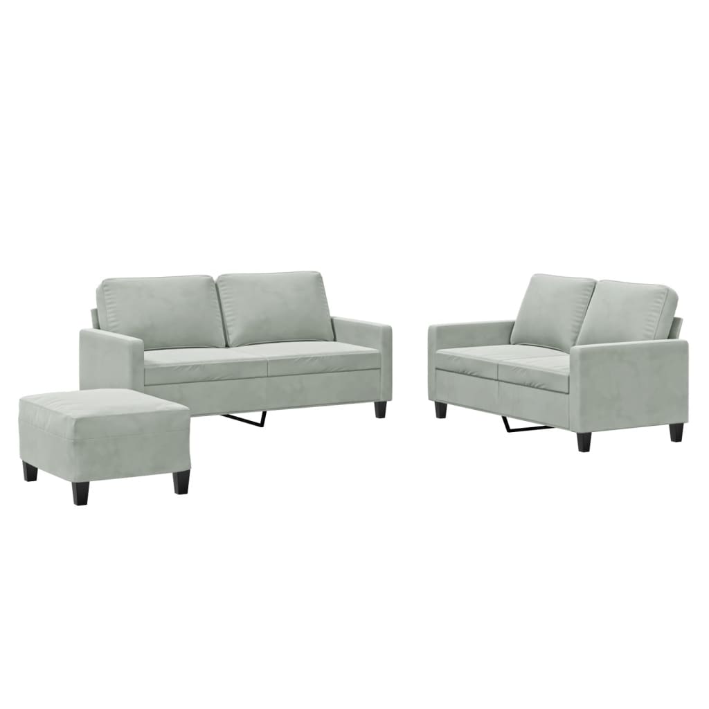 3-delige Loungeset met kussens fluweel lichtgrijs