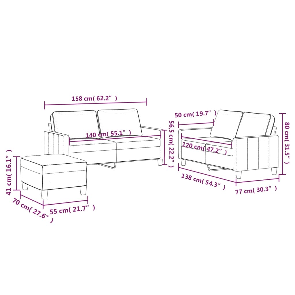 3-delige Loungeset met kussens fluweel bruin