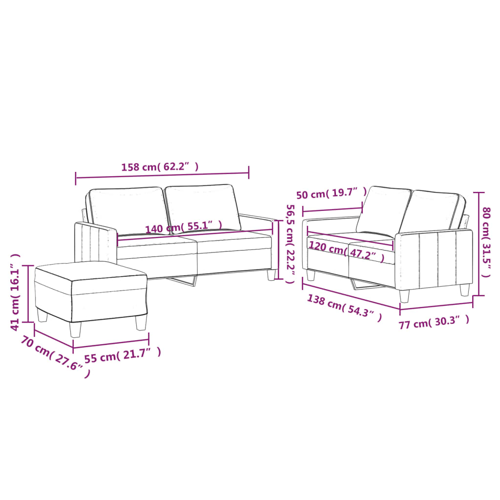 3-delige Loungeset met kussens fluweel crèmekleurig