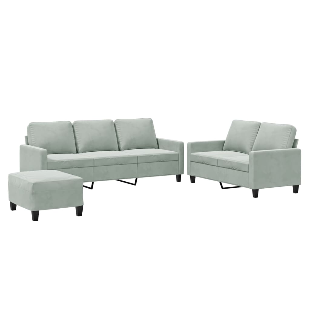 3-delige Loungeset met kussens fluweel lichtgrijs