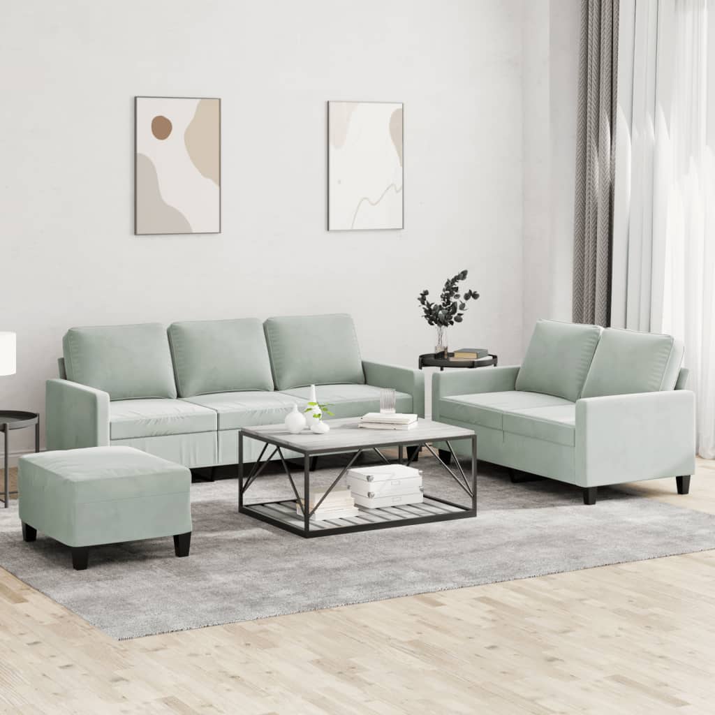 3-delige Loungeset met kussens fluweel lichtgrijs
