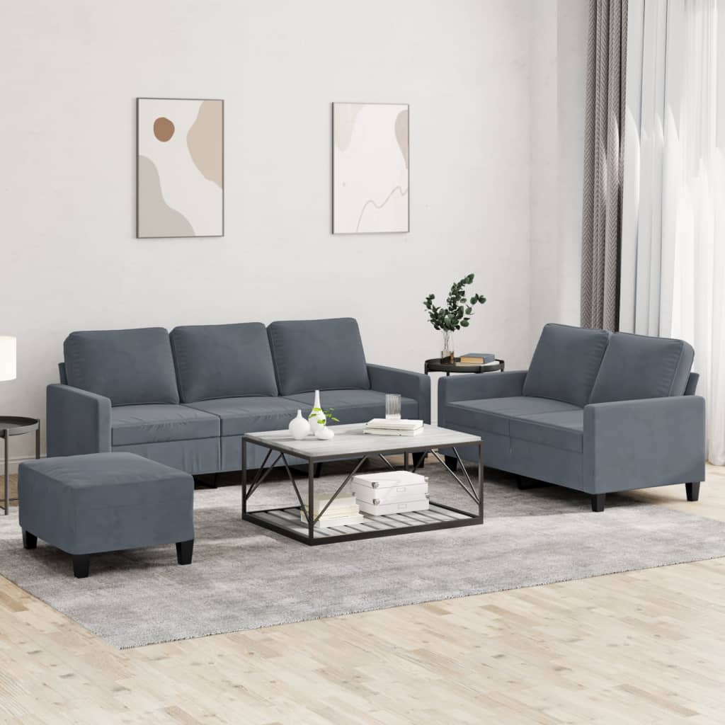 3-delige Loungeset met kussens fluweel donkergrijs