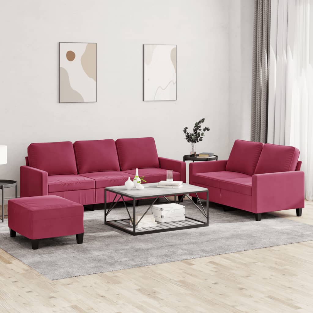 3-delige Loungeset met kussens fluweel wijnrood