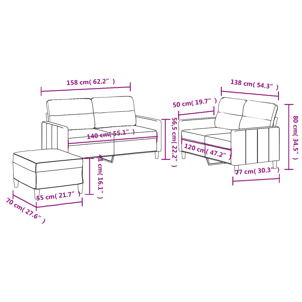 3-delige loungeset met kussens stof zwart