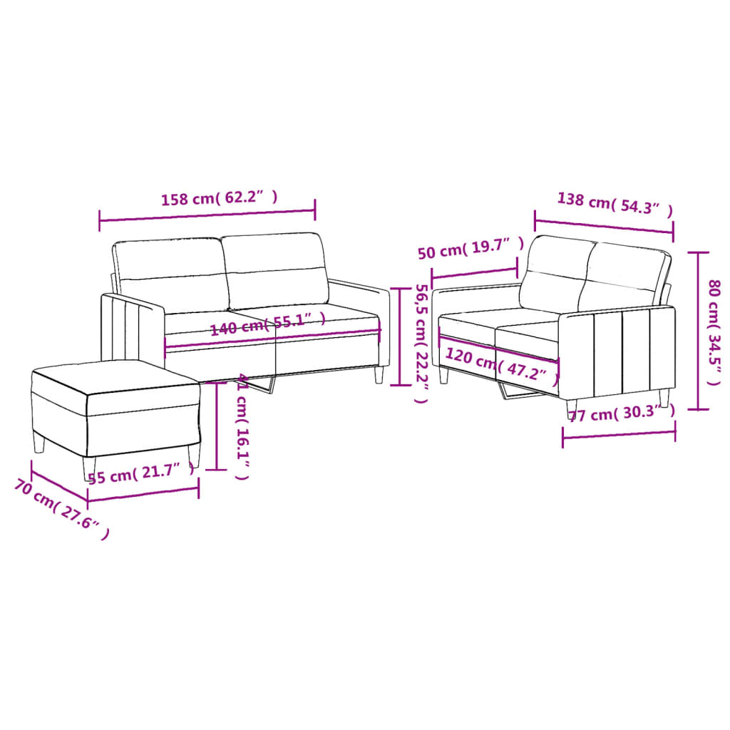 3-delige Loungeset met kussens stof taupe