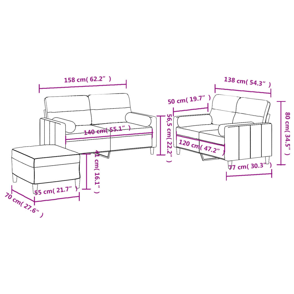 3-delige Loungeset met kussens stof lichtgrijs