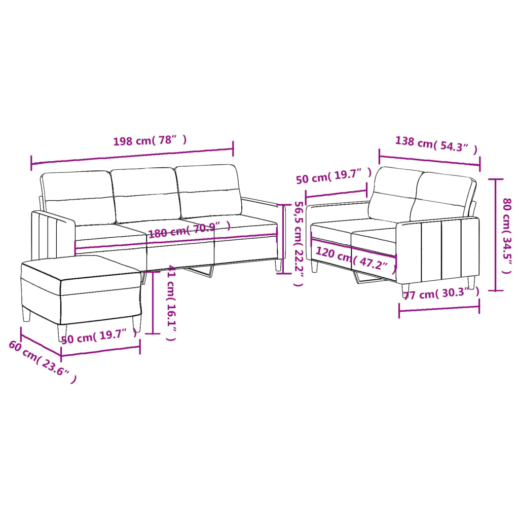 3-delige loungeset met kussens stof zwart