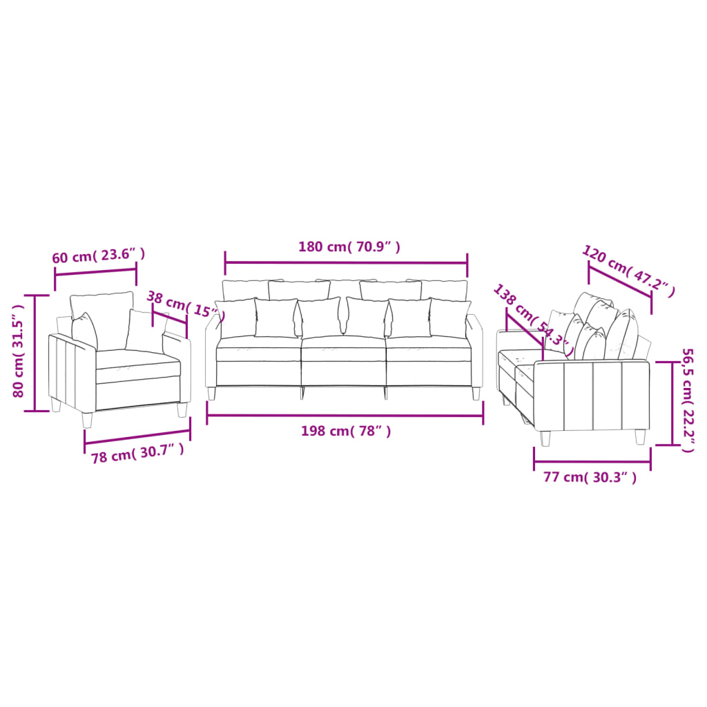 3-delige Loungeset met kussens stof crèmekleurig