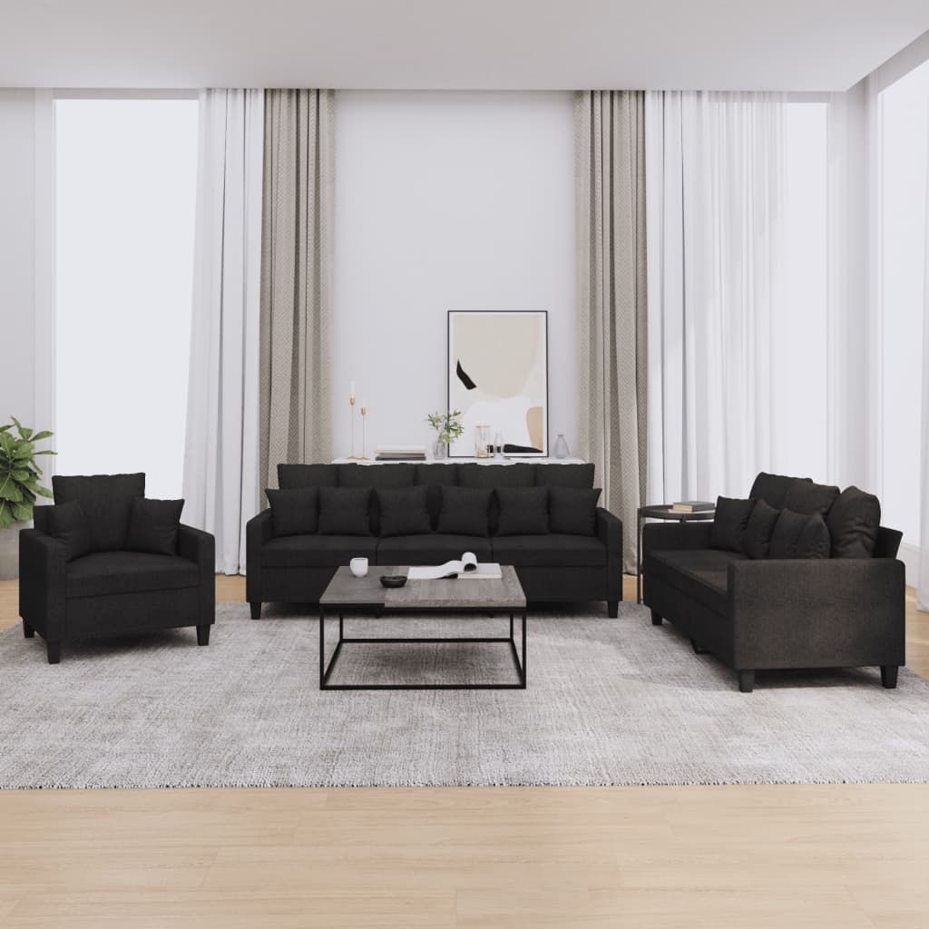 3-delige Loungeset met kussens stof zwart