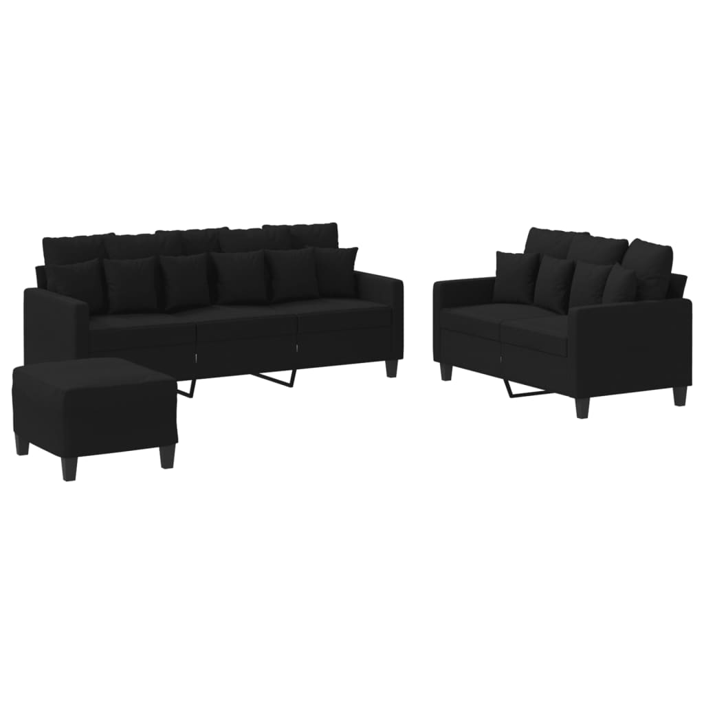 3-delige loungeset met kussens stof zwart