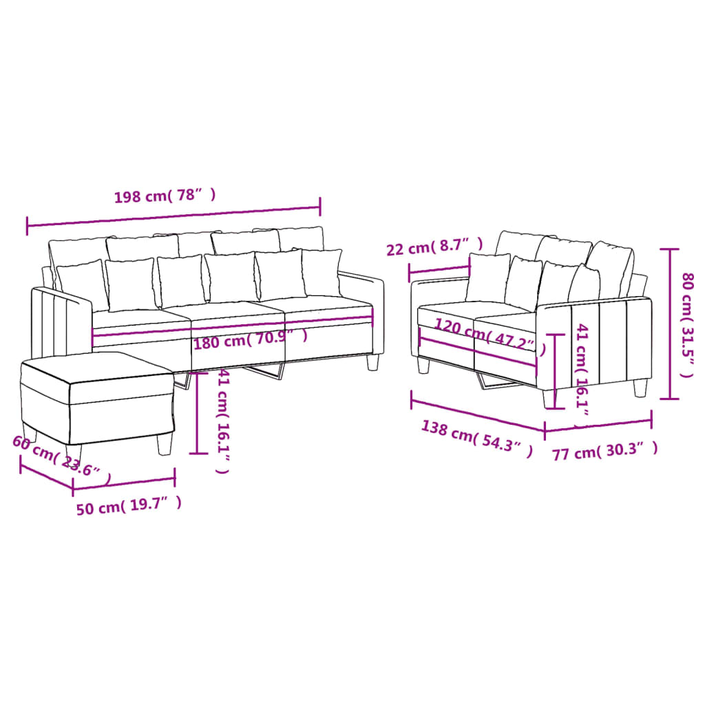 3-delige Loungeset met kussens stof wijnrood