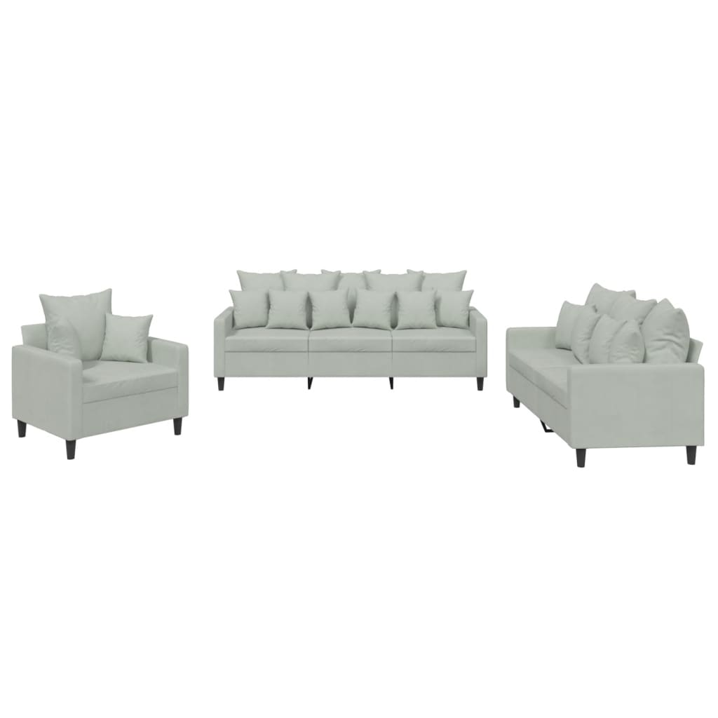 3-delige Loungeset met kussens fluweel lichtgrijs