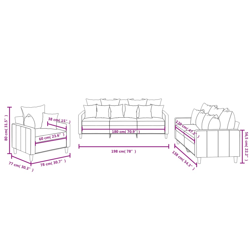 3-delige Loungeset met kussens fluweel lichtgrijs
