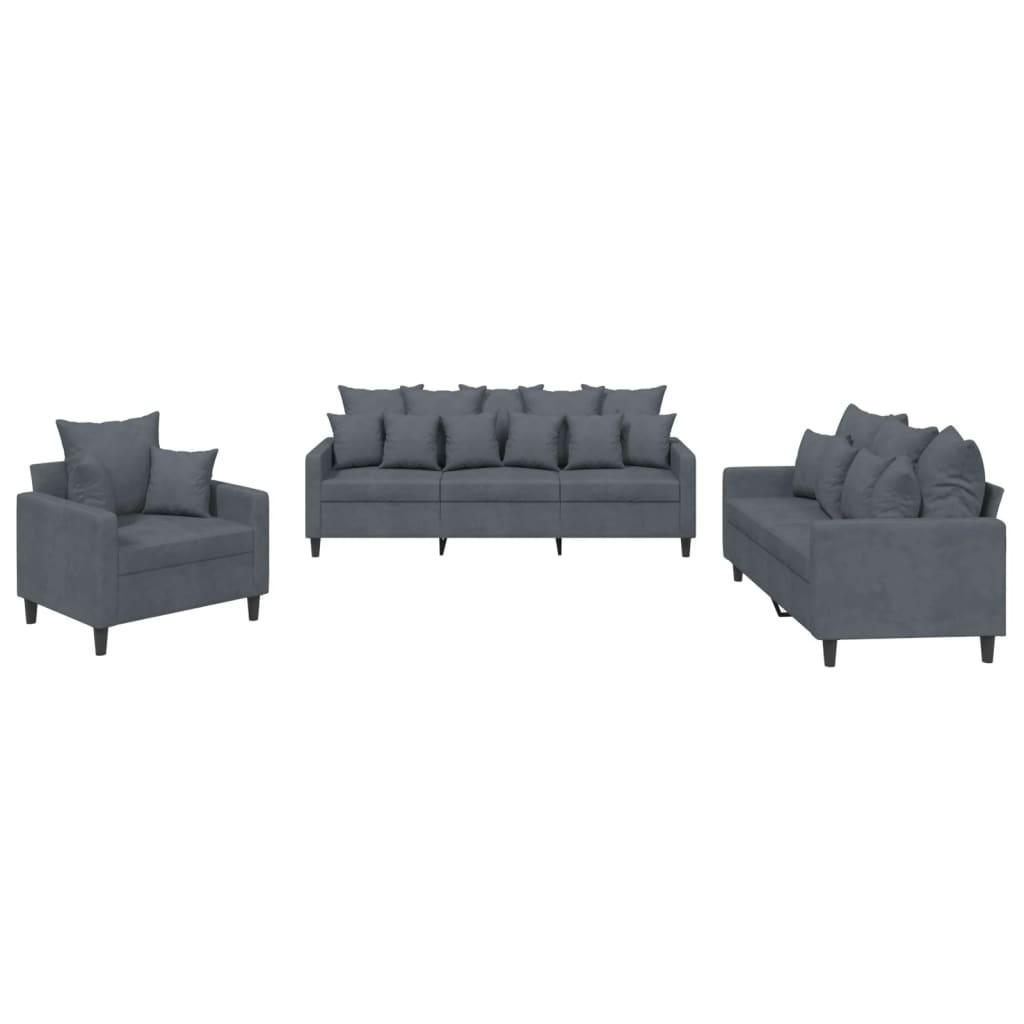 3-delige Loungeset met kussens fluweel donkergrijs