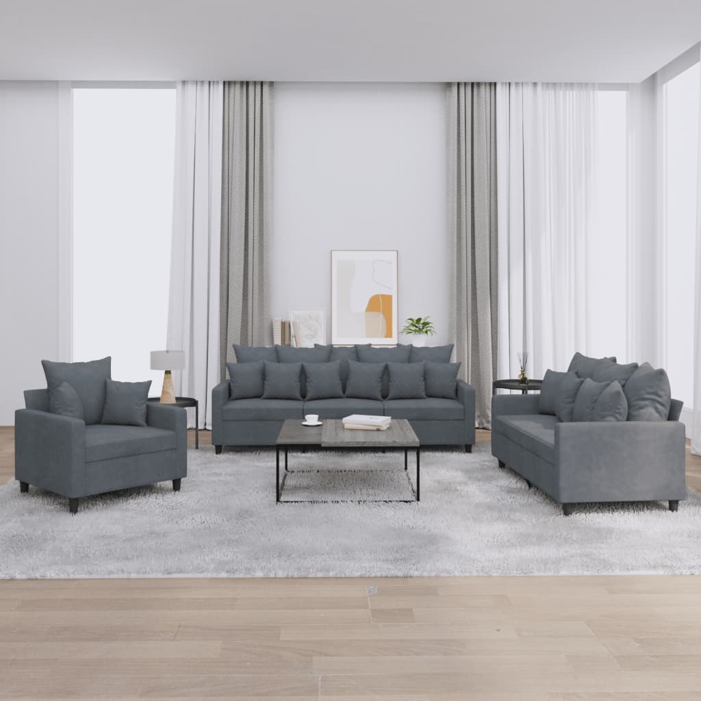 3-delige Loungeset met kussens fluweel donkergrijs
