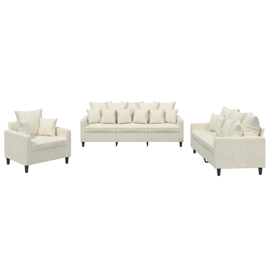 3-delige Loungeset met kussens fluweel crèmekleurig