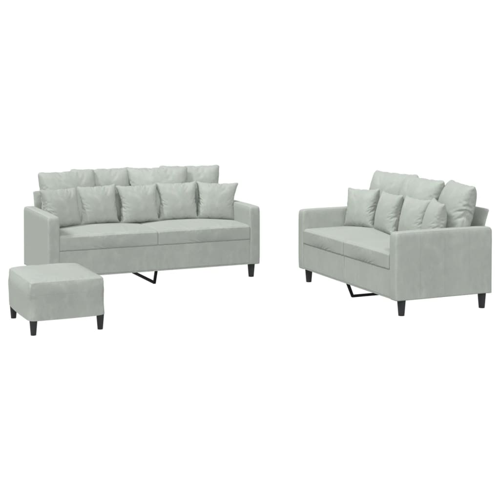 3-delige Loungeset met kussens fluweel lichtgrijs