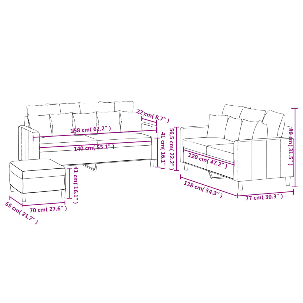 3-delige Loungeset met kussens fluweel lichtgrijs