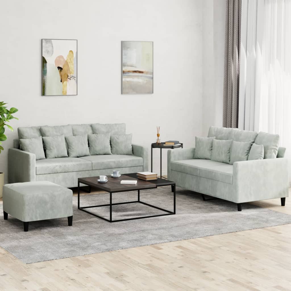 3-delige Loungeset met kussens fluweel lichtgrijs