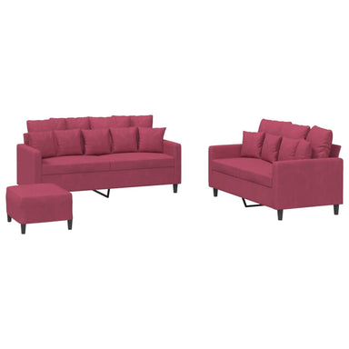 3-delige Loungeset met kussens fluweel wijnrood