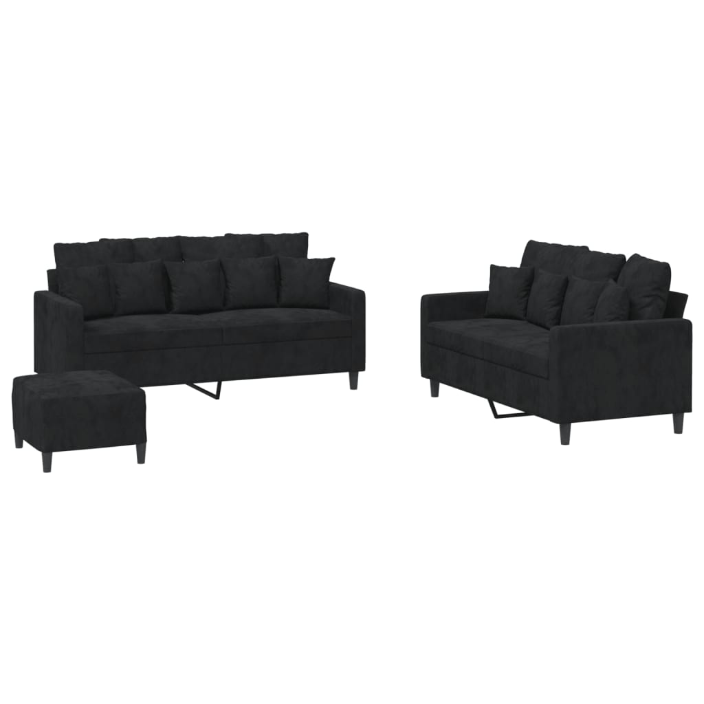 3-delige Loungeset met kussens fluweel zwart