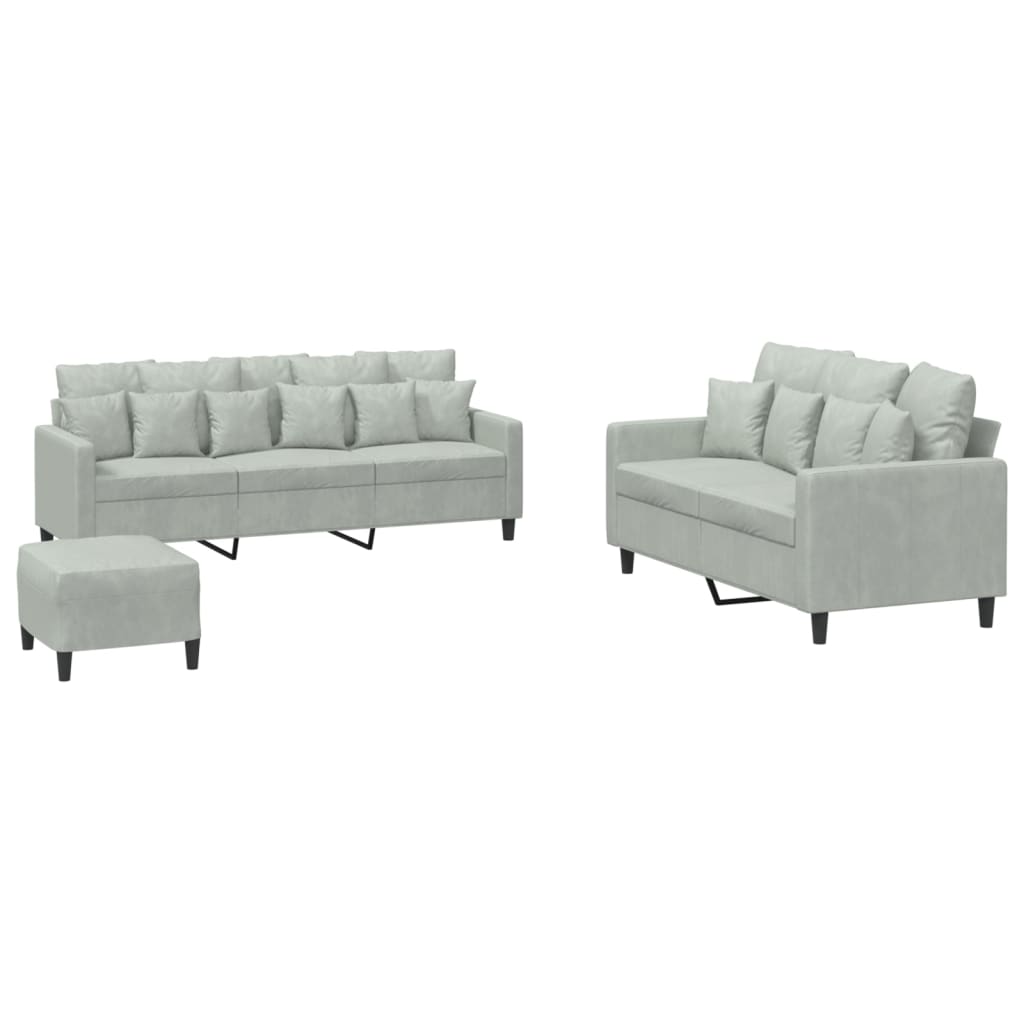 3-delige Loungeset met kussens fluweel lichtgrijs