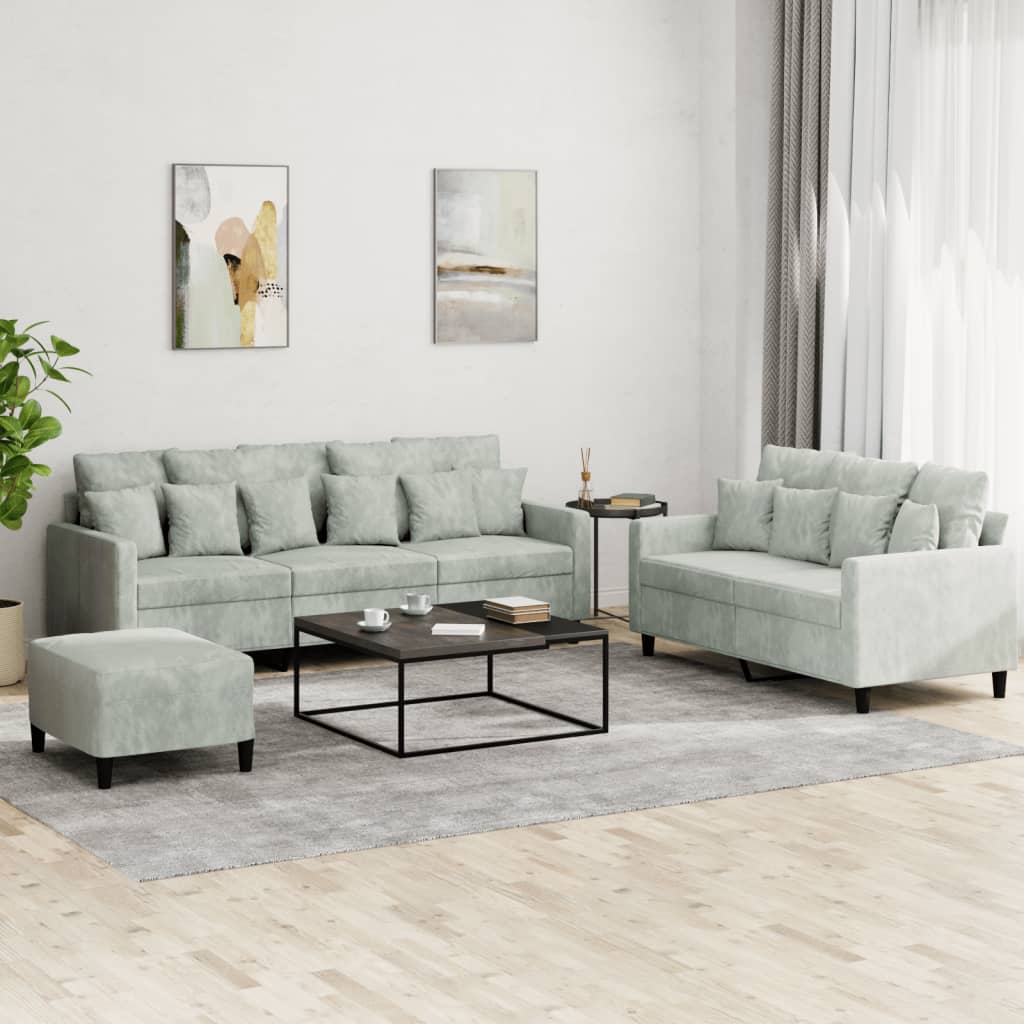 3-delige Loungeset met kussens fluweel lichtgrijs