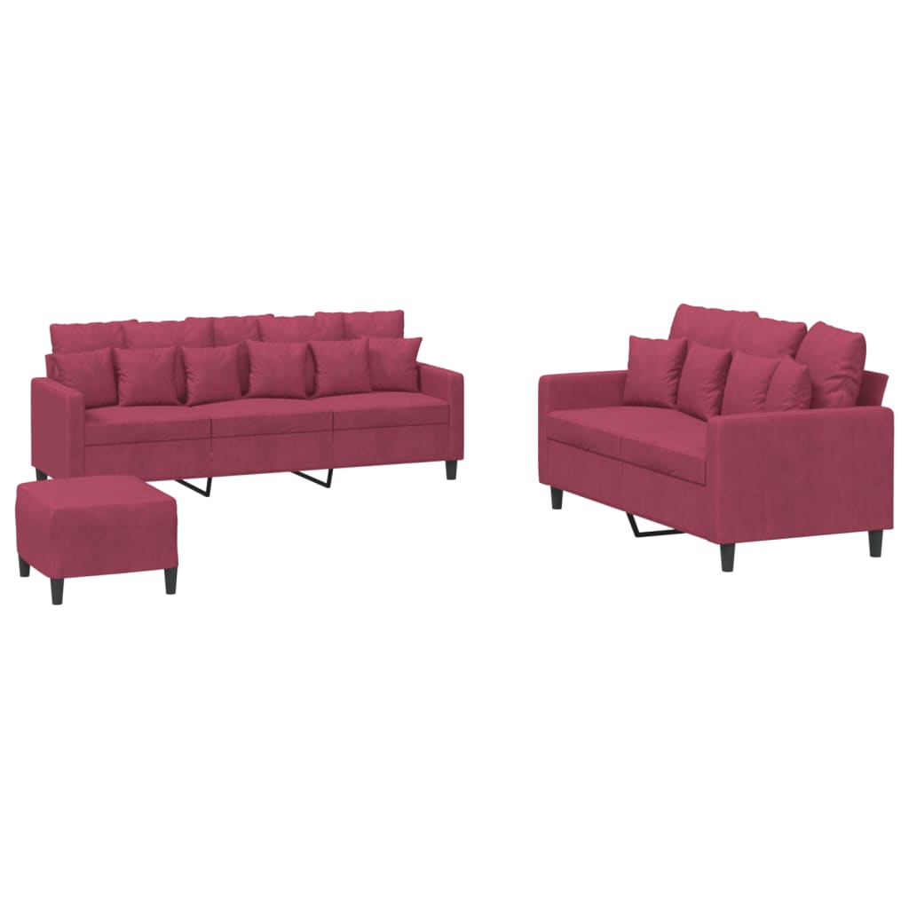 3-delige Loungeset met kussens fluweel wijnrood