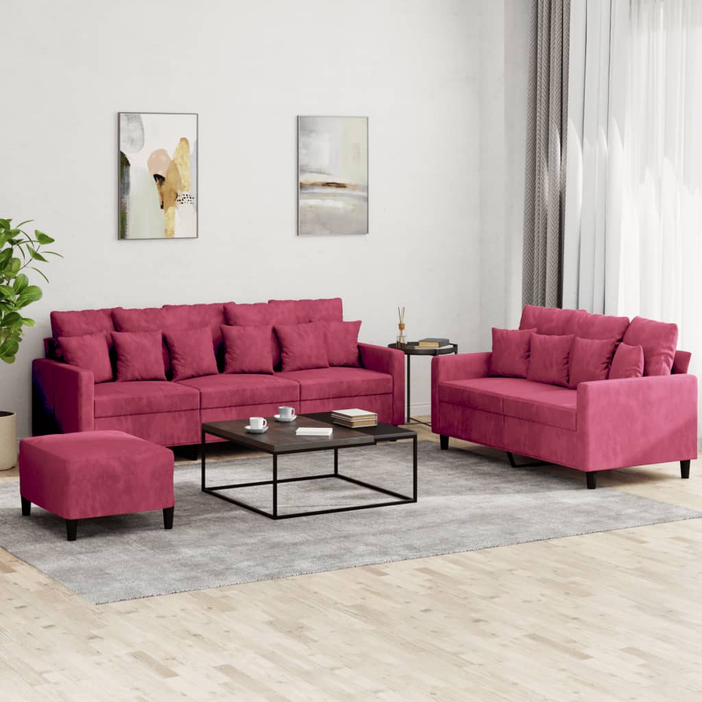 3-delige Loungeset met kussens fluweel wijnrood
