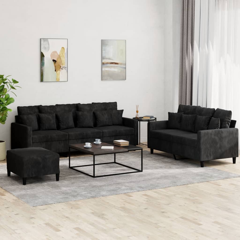 3-delige Loungeset met kussens fluweel zwart