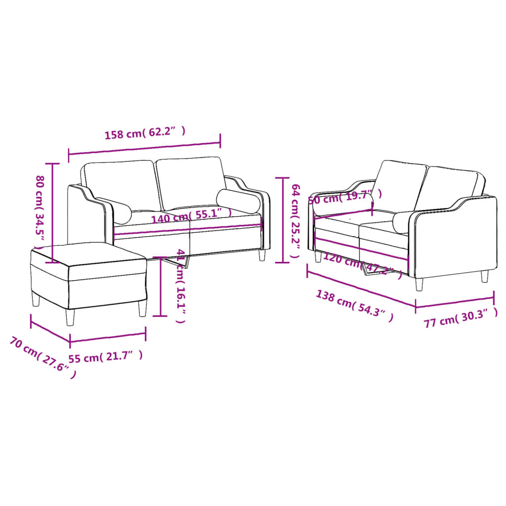 3-delige Loungeset met kussens stof crèmekleurig