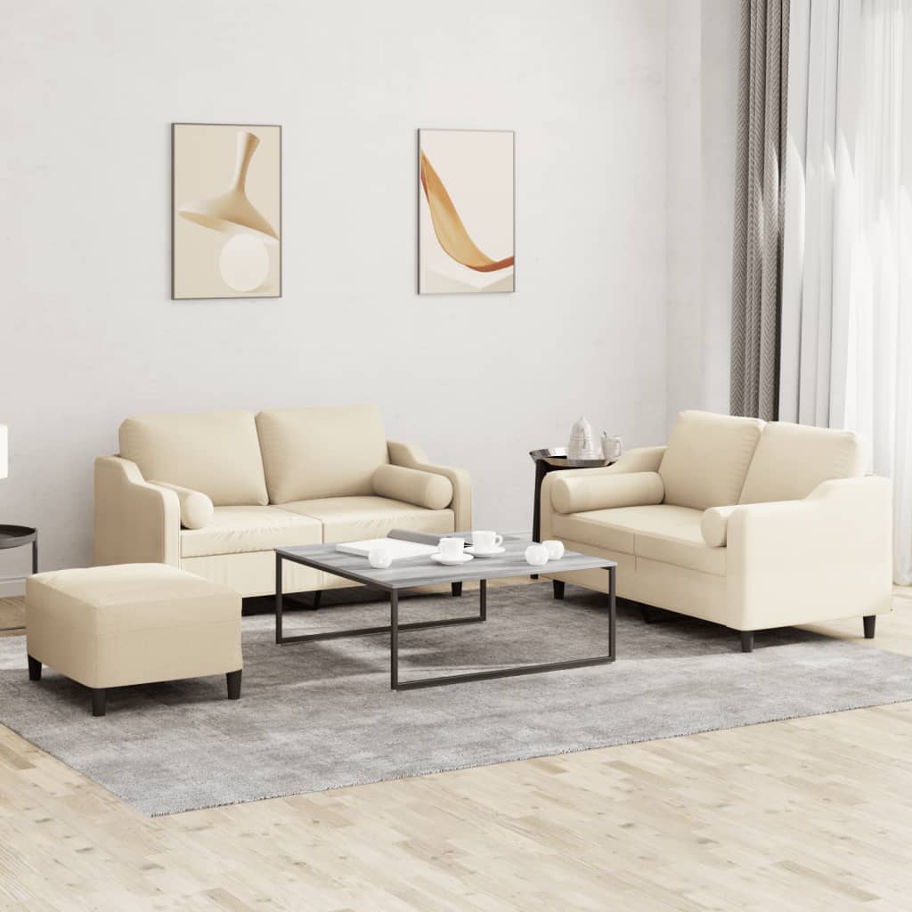 3-delige Loungeset met kussens stof crèmekleurig