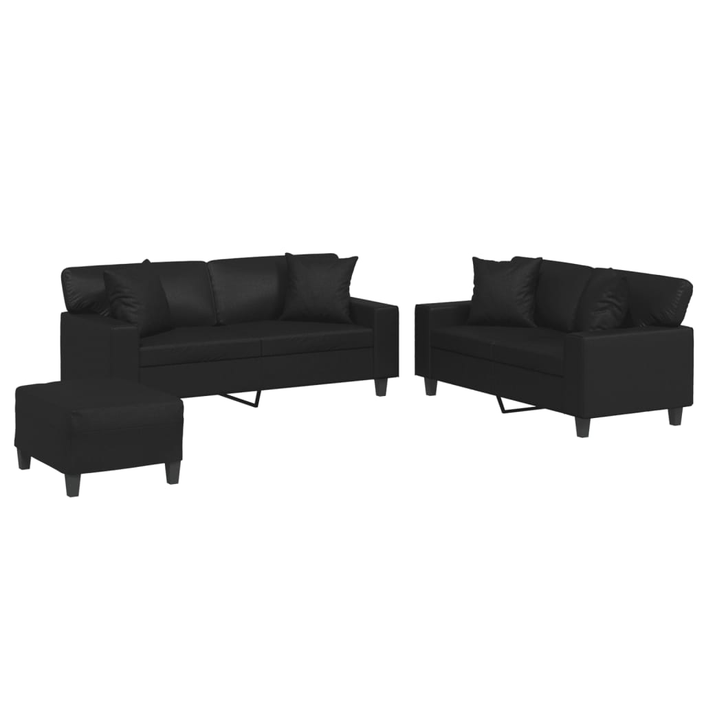 3-delige Loungeset met kussens kunstleer zwart