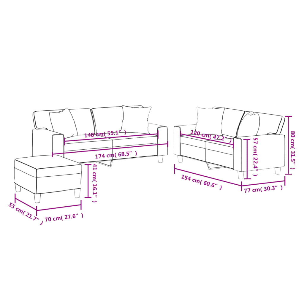 3-delige Loungeset met kussens kunstleer zwart