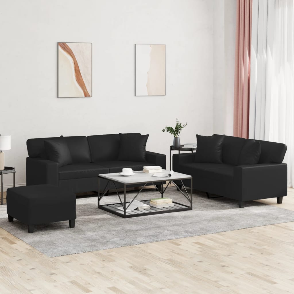 3-delige Loungeset met kussens kunstleer zwart