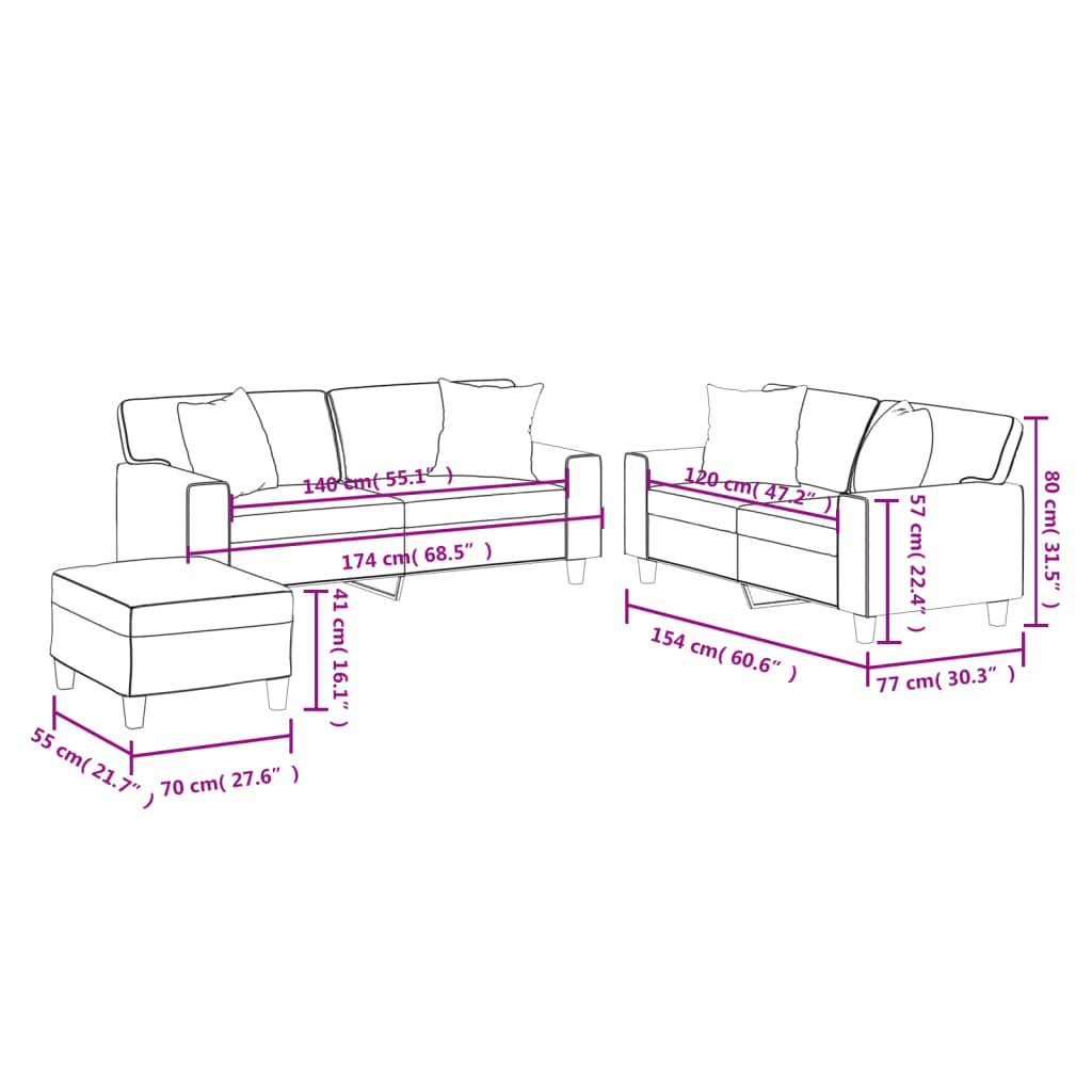 3-delige Loungeset met kussens kunstleer crèmekleurig