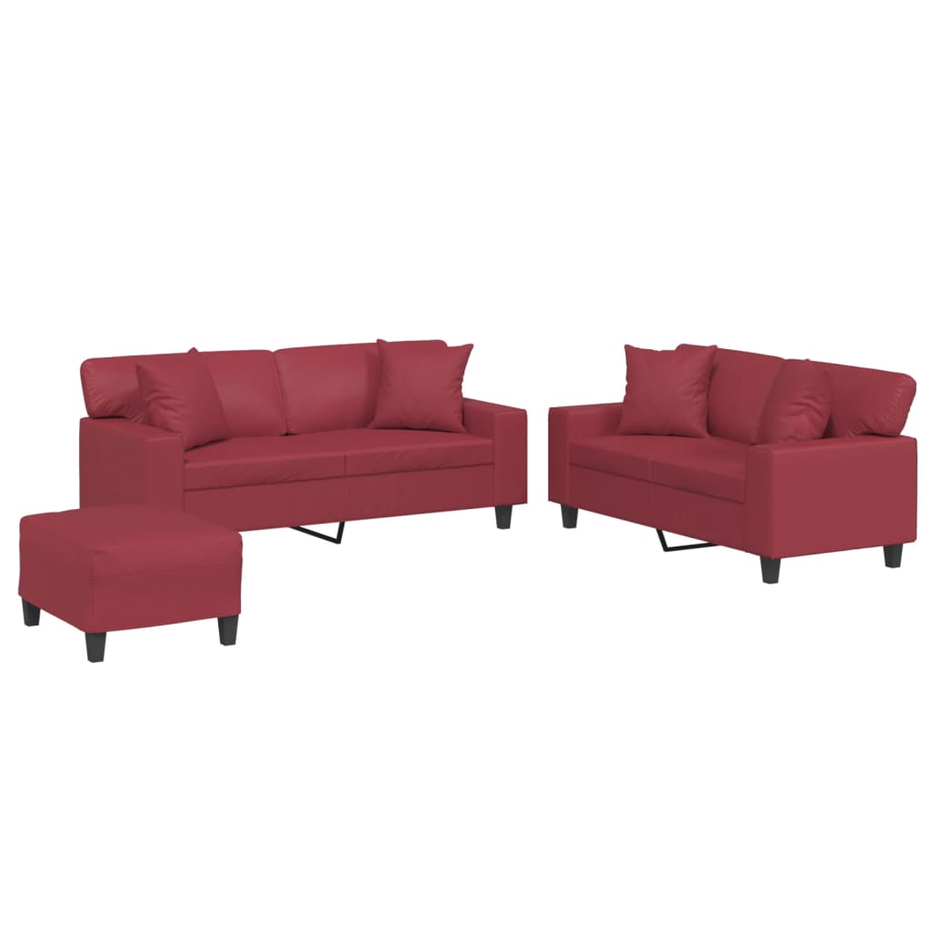 3-delige Loungeset met kussens kunstleer wijnrood