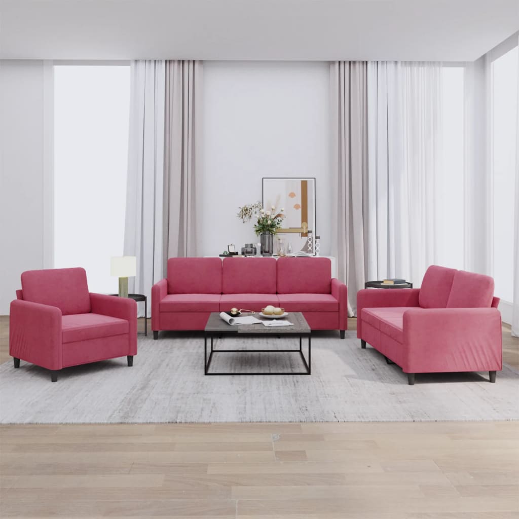 3-delige Loungeset fluweel wijnrood