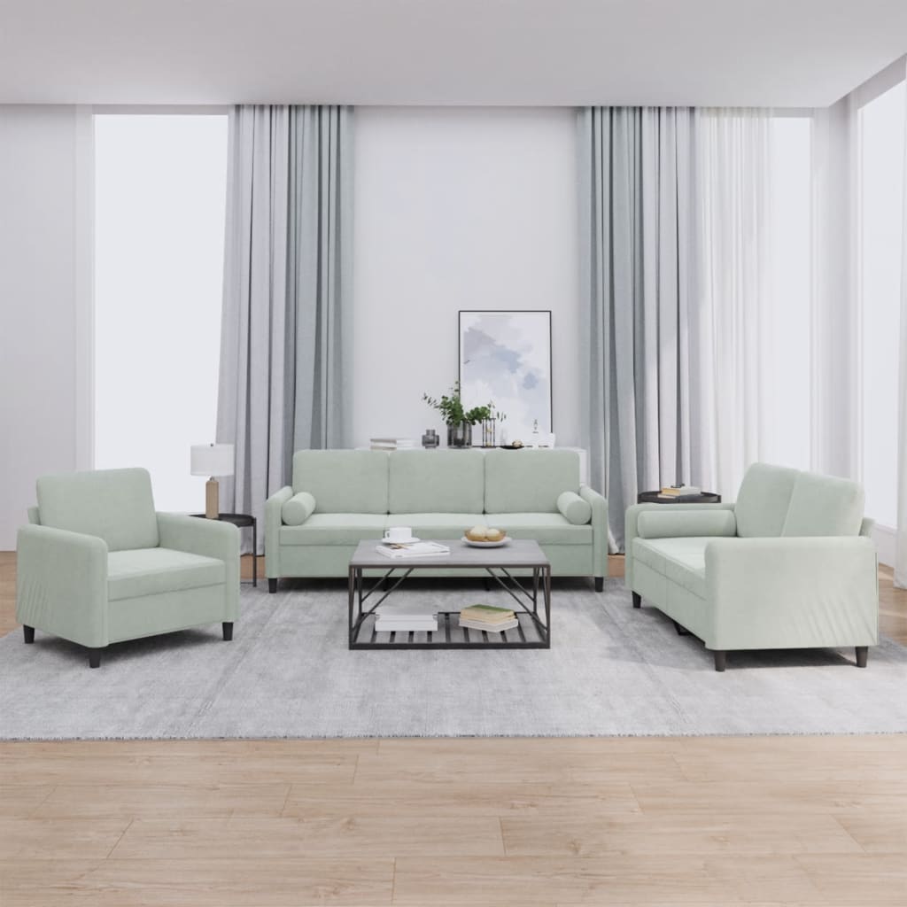 3-delige Loungeset met kussens fluweel lichtgrijs